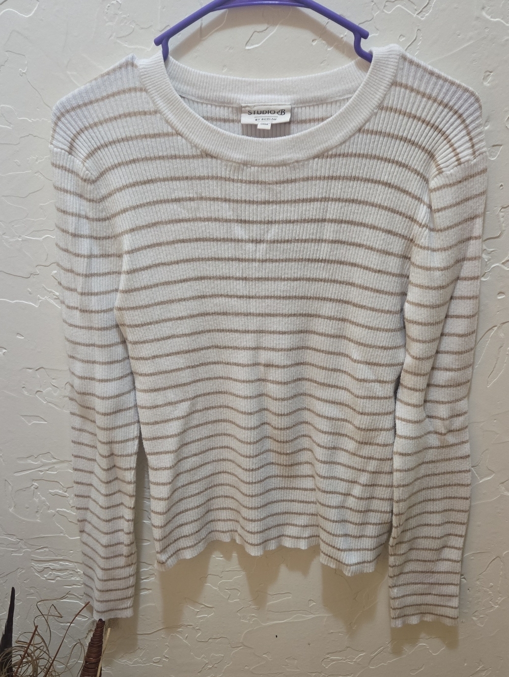 bobeau Cream and Tan Striped Crewneck Sweater